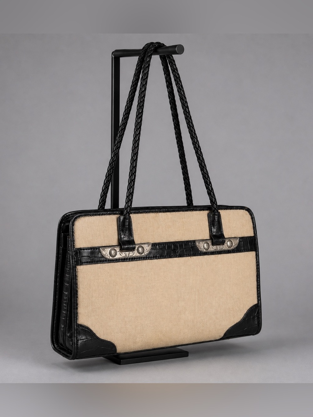 Vintage Bueno linen, silver tone southwest, leather shoulder bag.